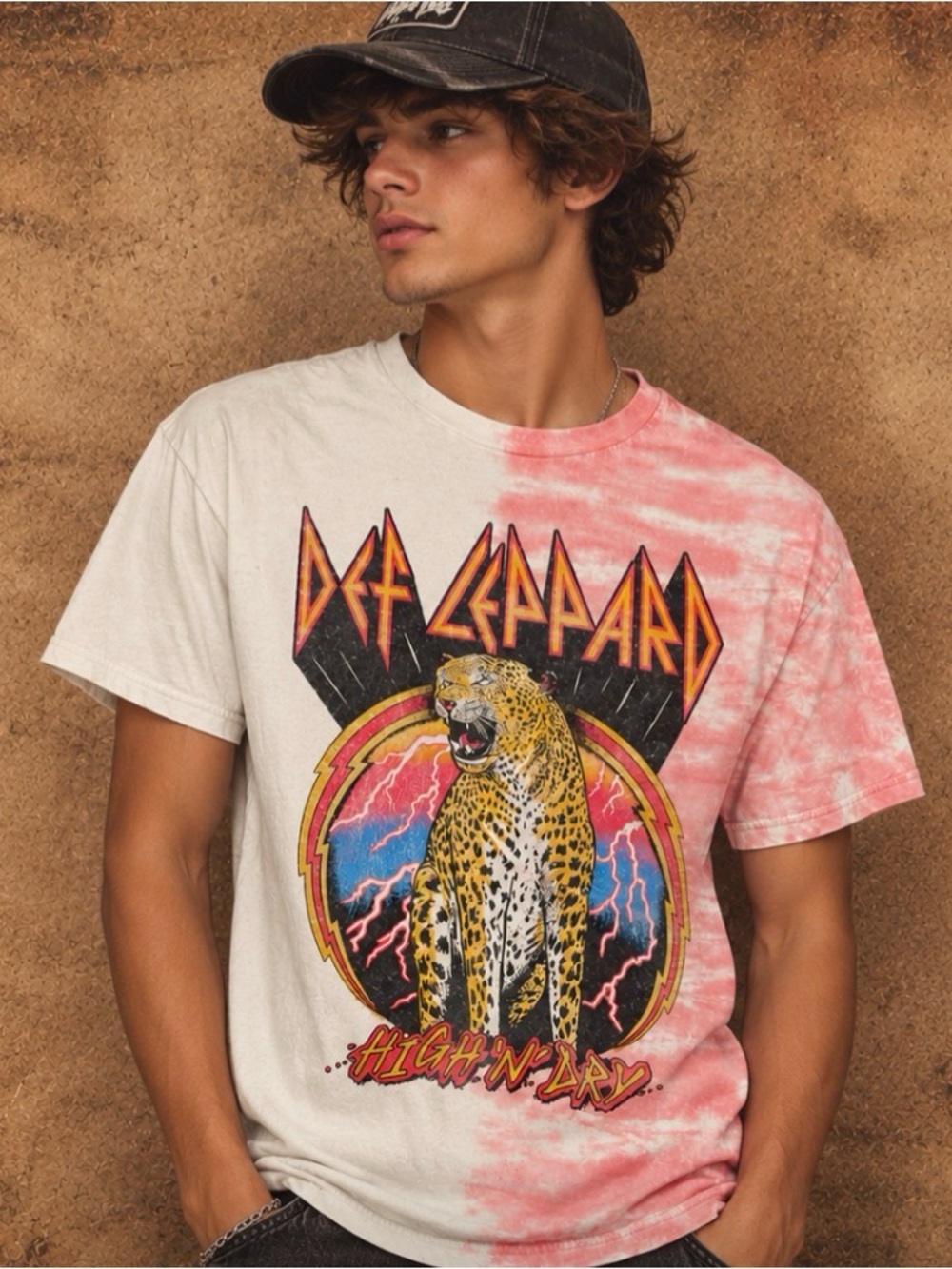 Tie-Dye Def Leppard Graphic Tee - Pinkish/Red & White
